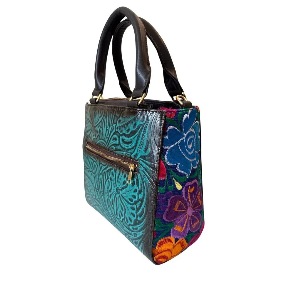 Tooled aqua with Floral  tapestry embroidery crossbody‎ shoulder satchel